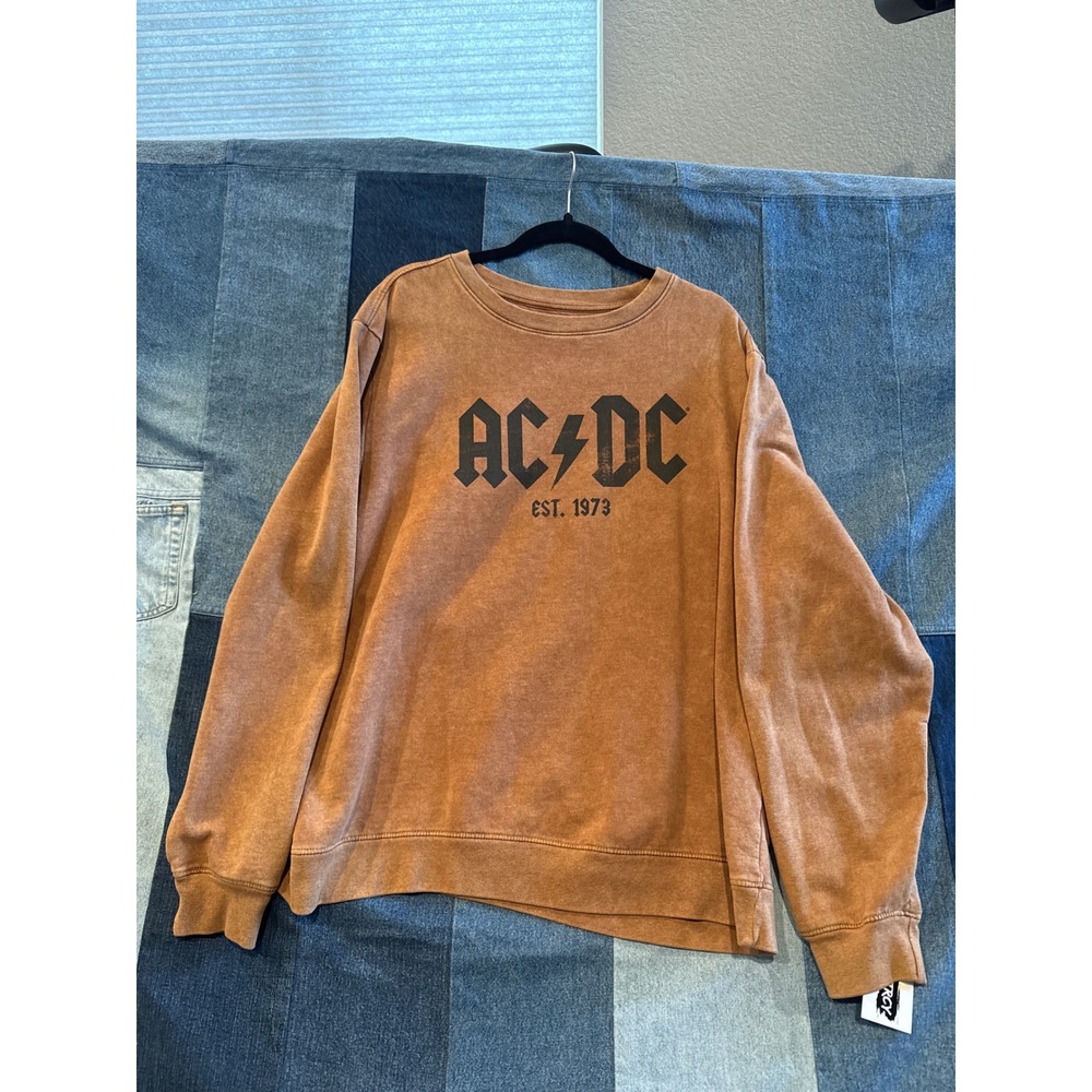AC/DC Graphic Sweatshirt XL Rust Brown Mineral Wash Est 1973 Rock Band Pullover